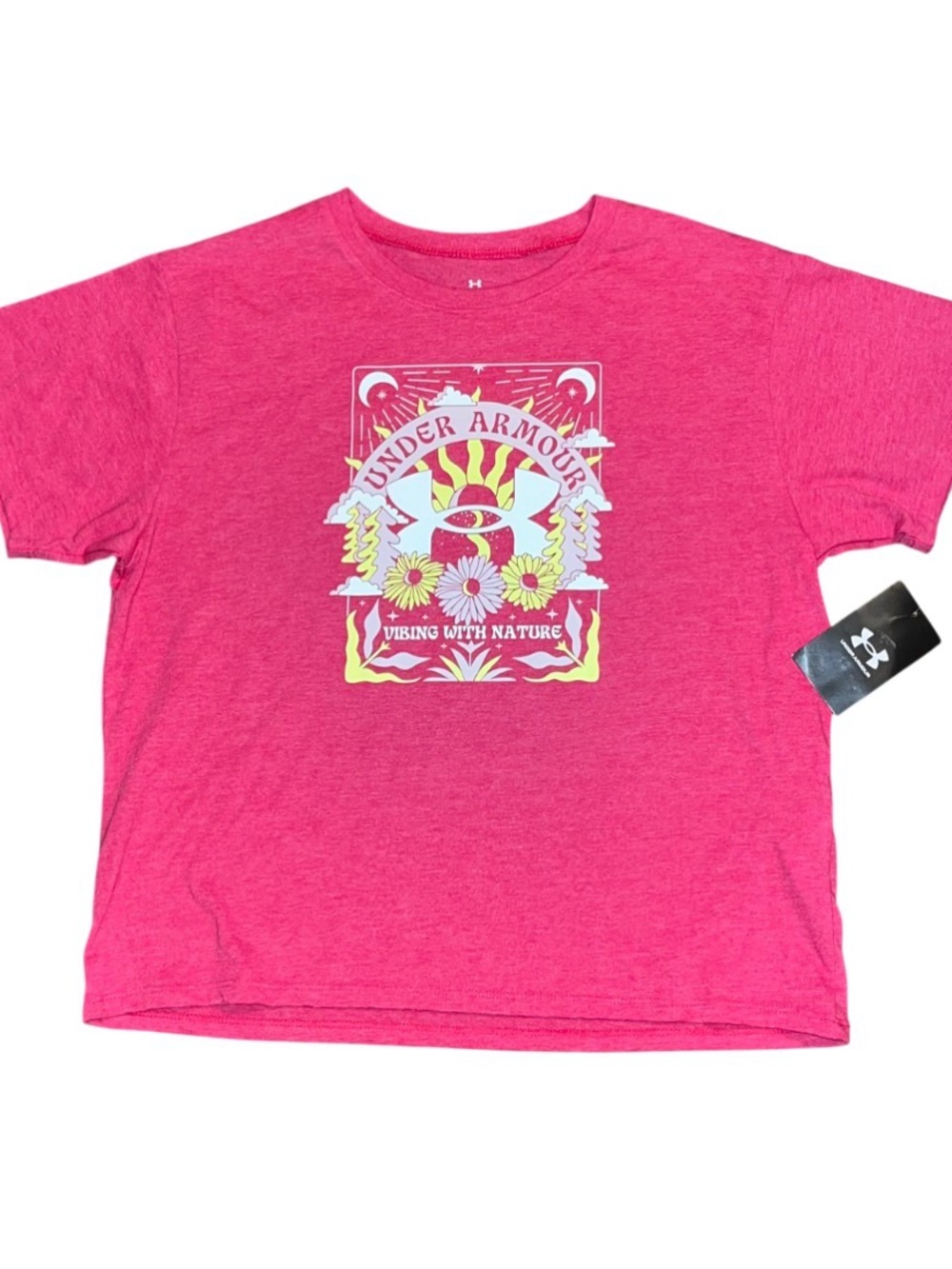 Under Armour Pink Short Sleeve Top Girls NWT XL Logo Nature Sun Flower Yellow